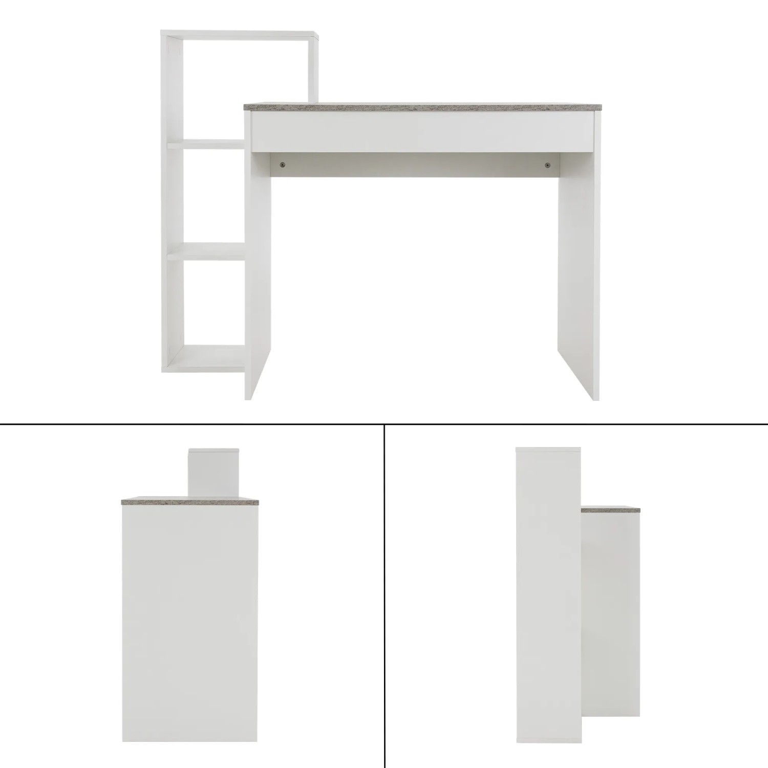 ML-Design Schreibtisch mit Regal, Beton-Optik Tischplatte, weißes Gestell. Kompakter Arbeitsplatz.
