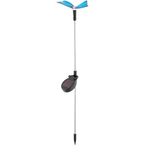 LED-Solarspieß Sagli Blau mit blauem Schmetterling als Deko für den Garten.