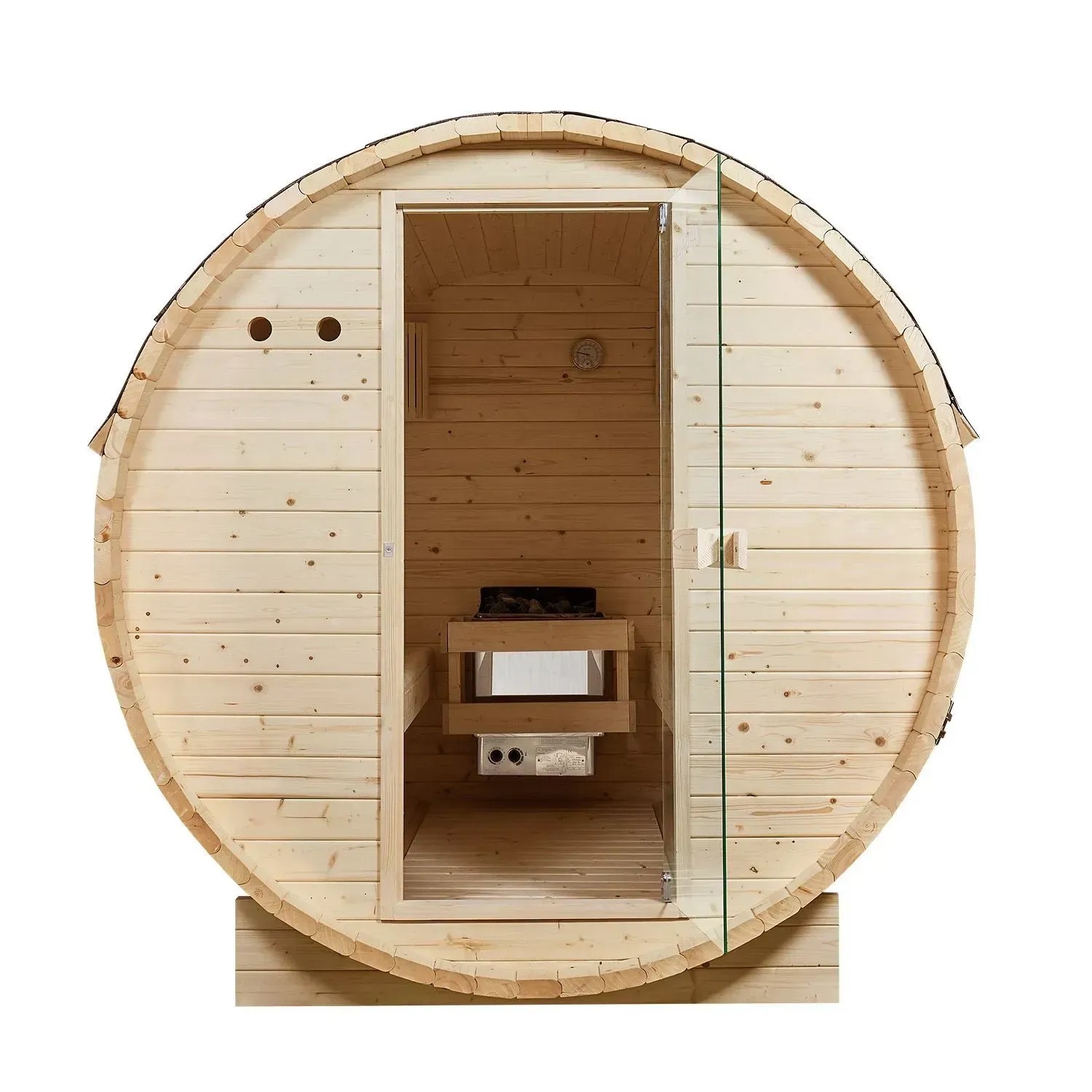 Artsauna Fasssauna Spitzbergen für 6 Personen mit 8 kW Ofen, Frontansicht.