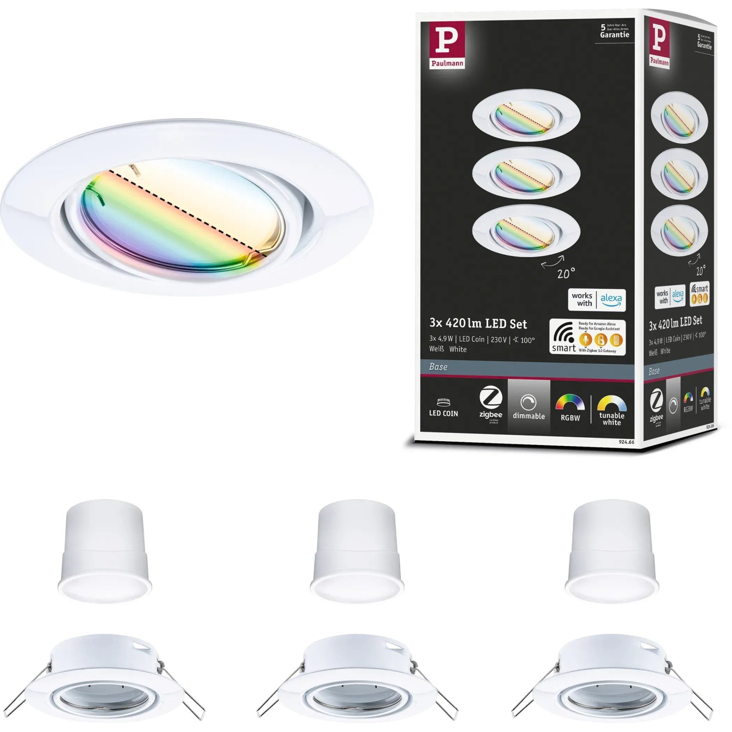 Paulmann Urail LED Einbaustrahler Set, Smart Home Zigbee, RGBW, 3er-Set, 90mm, dimmbar.