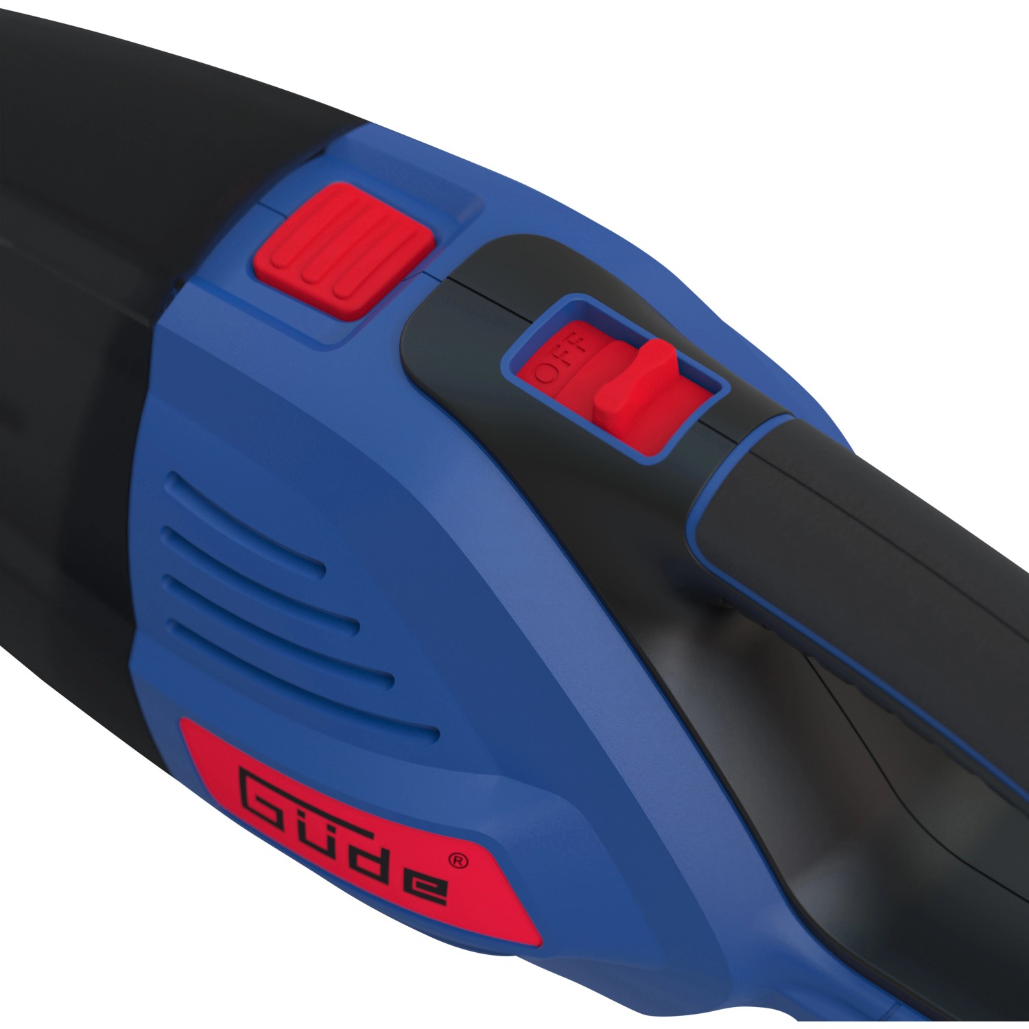 Detailaufnahme: Blauer Güde Akku-Handstaubsauger HSS 18-201-05 mit rotem Schalter.