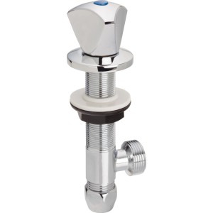 Waschgeräte-Ventil für Untertischmontage, verchromt mit blauem Griff.