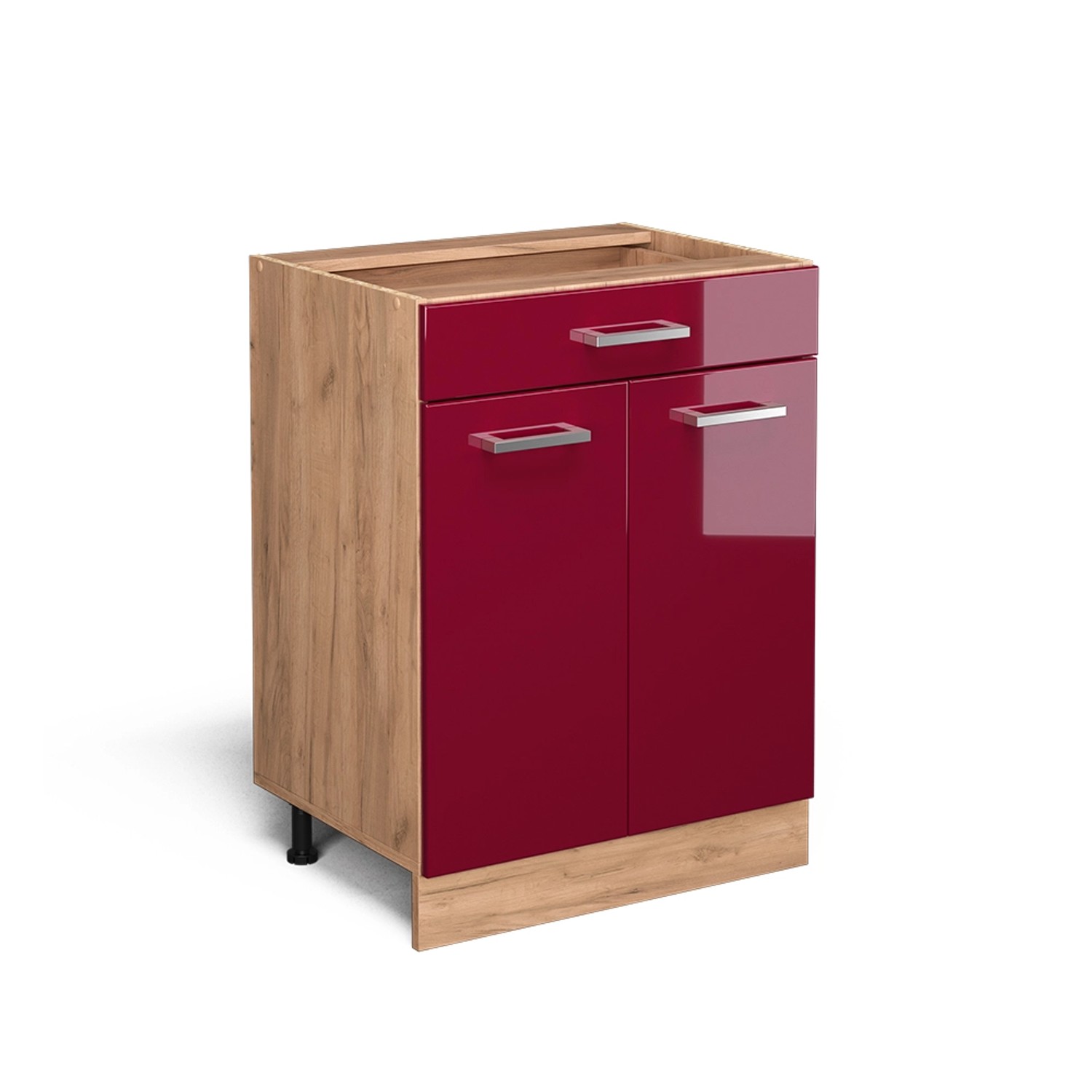 Vicco Küchenunterschrank R-Line Bordeaux Hochglanz/Goldkraft Eiche 60 cm mit Schublade ohne Arbeitsplatte