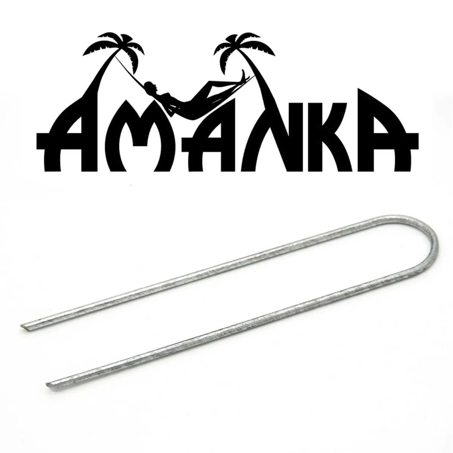 AMANKA U-förmiger Erdanker aus verzinktem Stahl, 3,2mm, für Camping, Gartenfolie & Netze. Logo oben sichtbar.
