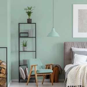 Wohnraum mit mintgrüner Bricoflor Vliestapete als Akzent, pastellfarbene Uni Tapete.