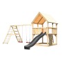 Karibu Spielturm Luis aus Naturholz mit anthrazitfarbener Rutsche, Schaukeln, Kletterwand und Seilleiter.