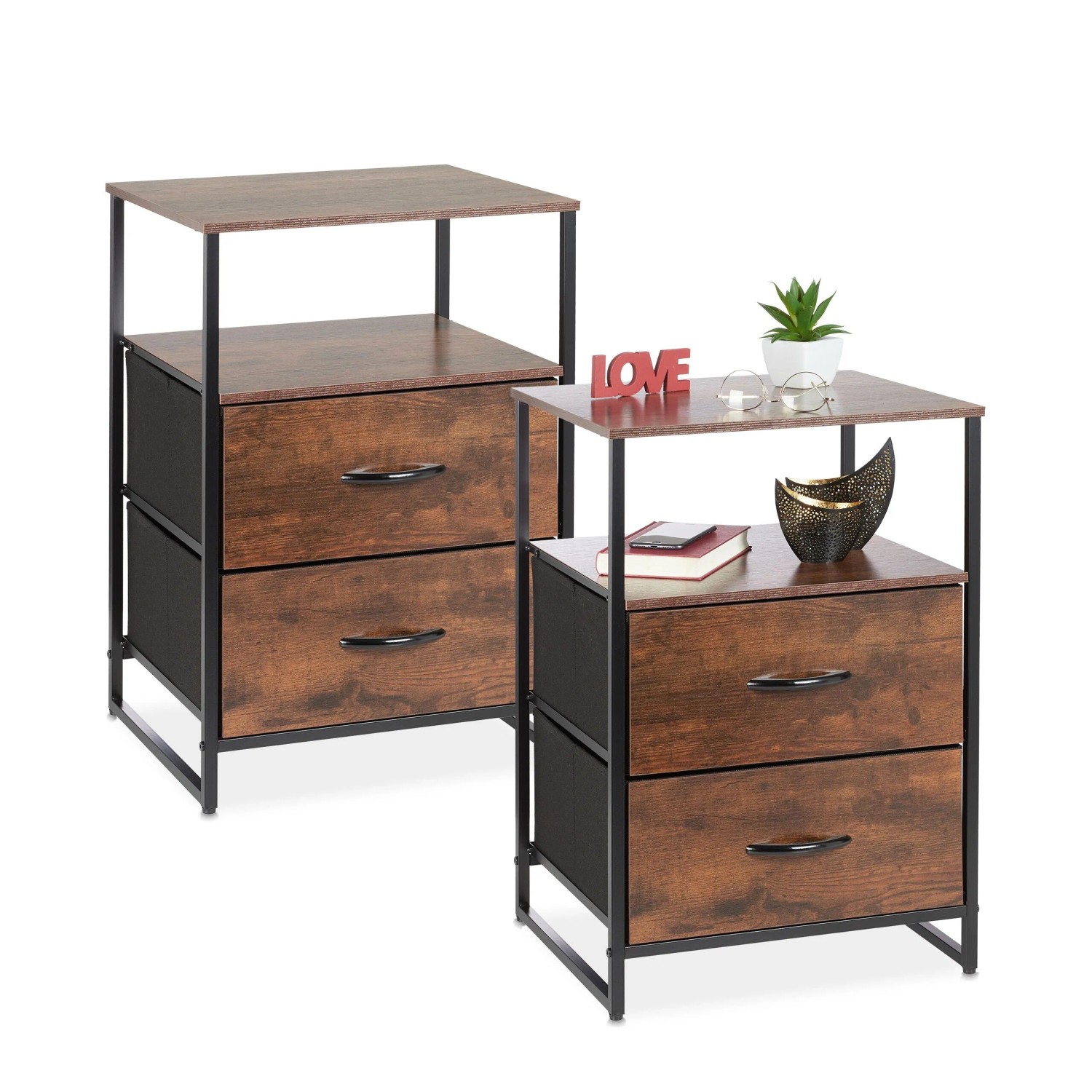 Relaxdays Nachttisch 2er Set Metall Schwarz Braun Höhenverstellbar 70 cm x 45 cm x 42,5 cm