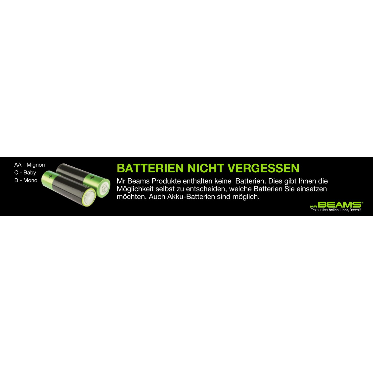 Batteriehinweis für Mr. Beams LED-Außenstrahler: Batterien sind nicht enthalten.