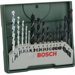 Bosch Bohrer-Set, 15-teilig, mit Holz-, Metall- und Steinbohrern in Kunststoffbox.