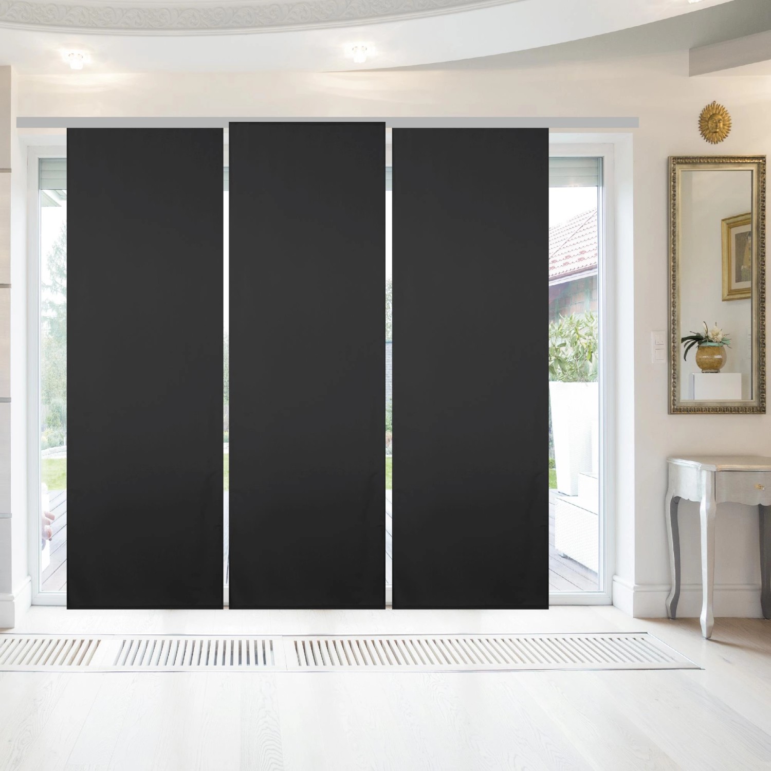 Bestgoodies Flächenvorhang Ellen 3er Pack Schwarz vor Fenster, blickdicht, modernes Design.