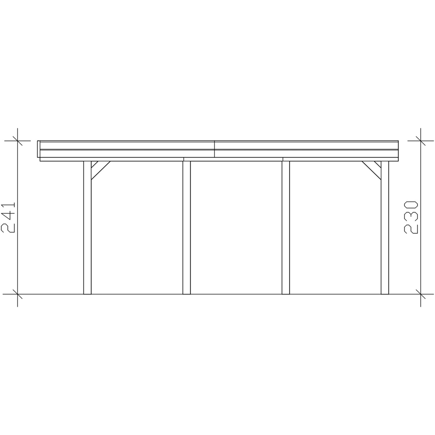 Technische Zeichnung: Skan Holz Carport Friesland Nussbaum, Seitenansicht mit Höhenangaben.