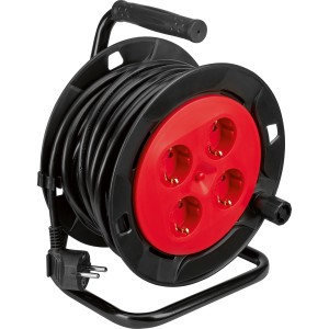 Schwarze Kabeltrommel mit rotem Steckdoseneinsatz, 12 m Kabel, 4 Steckdosen.
