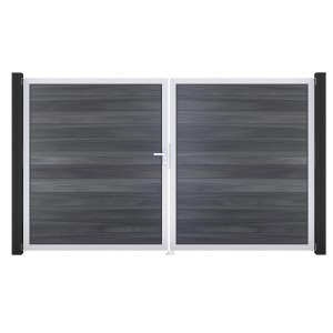 GroJa Solid Steckzaun Tor, DIN links, steingrau, co-extrudiert. 2-flügelig mit Beschlagset und Aluminiumrahmen.