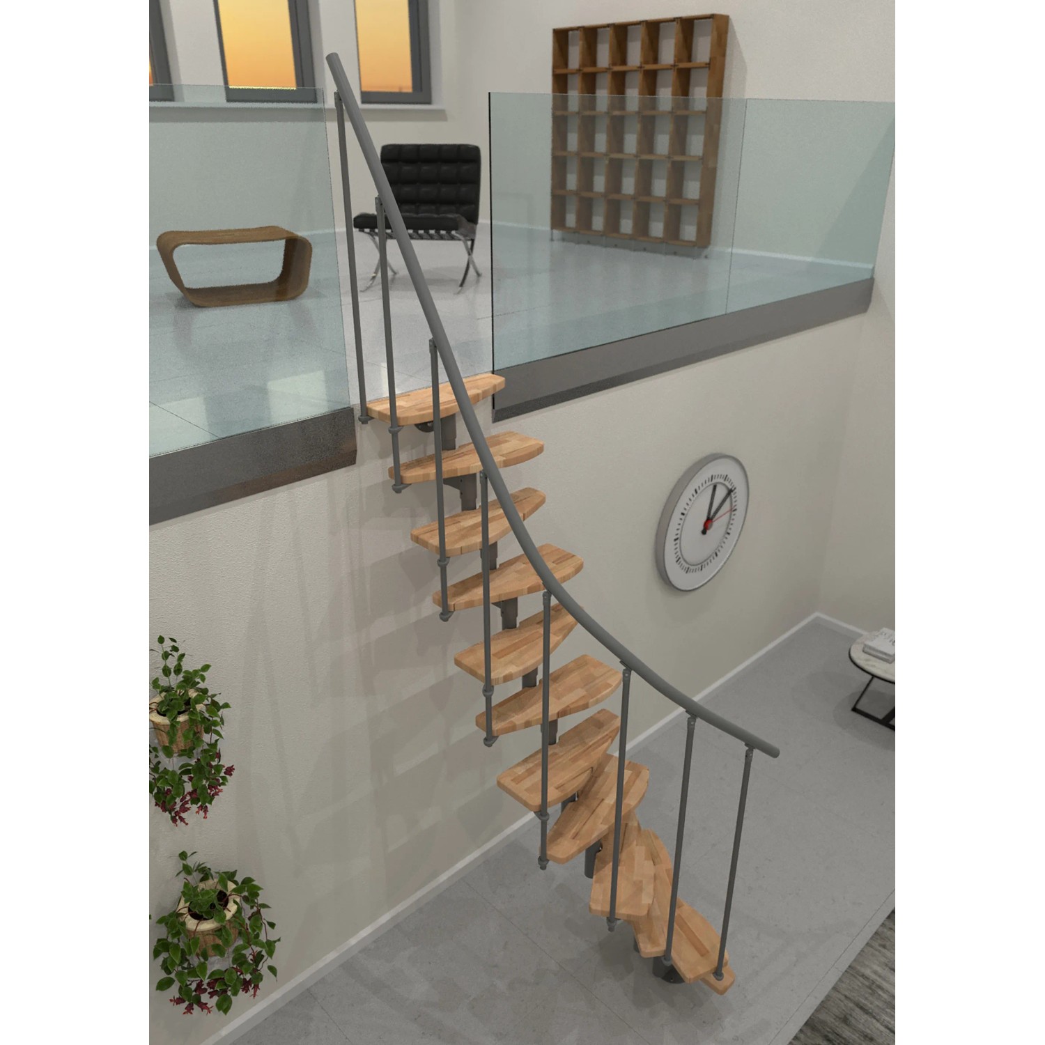 Minka Raumspartreppe Monte Carlo, grau mit hellen Buchenholzstufen, elegantes Design für Innentreppen.