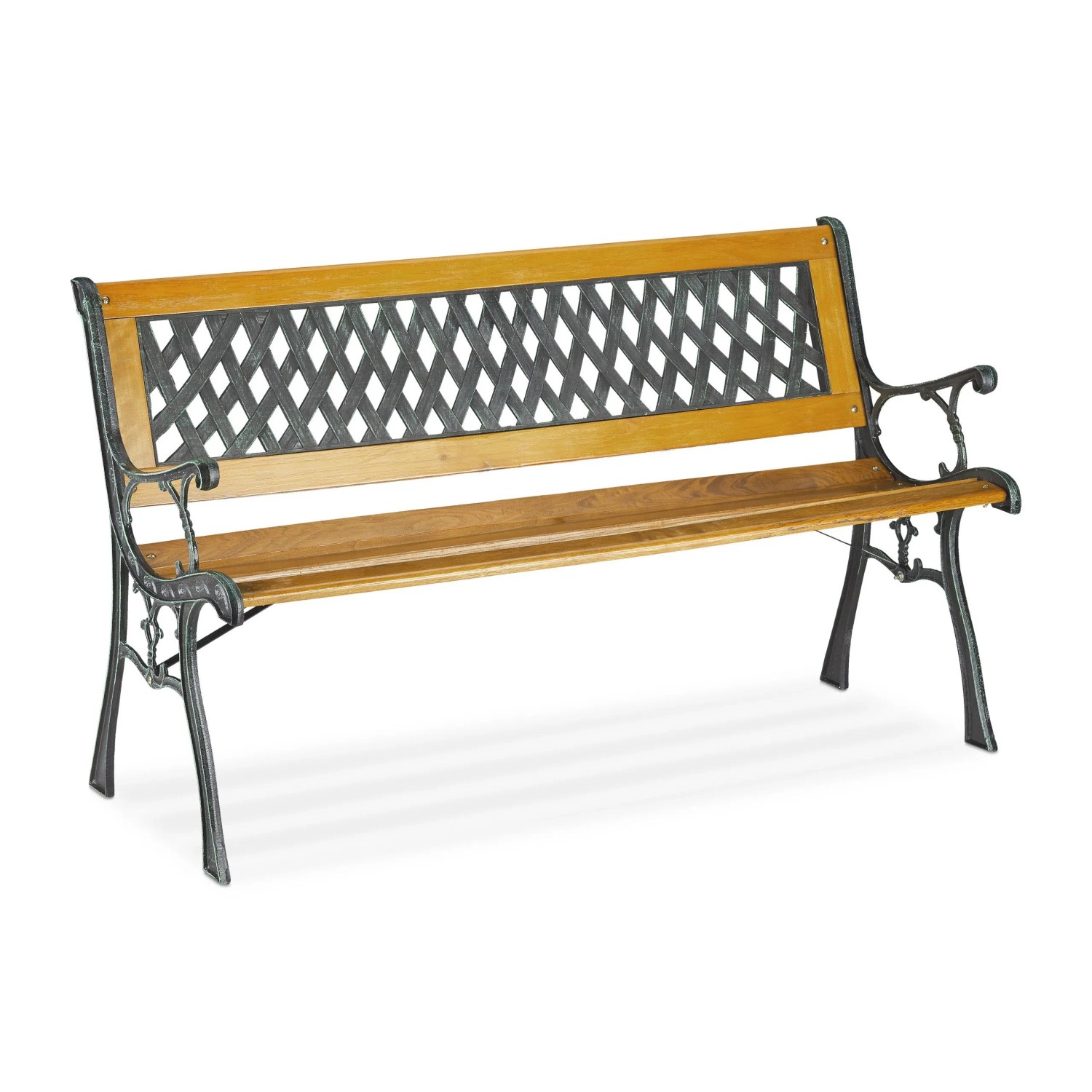 Relaxdays Gartenbank Gusseisen Holz PVC Natur Grün Stabil 73 cm x 125 cm x 52 cm 14,2 kg