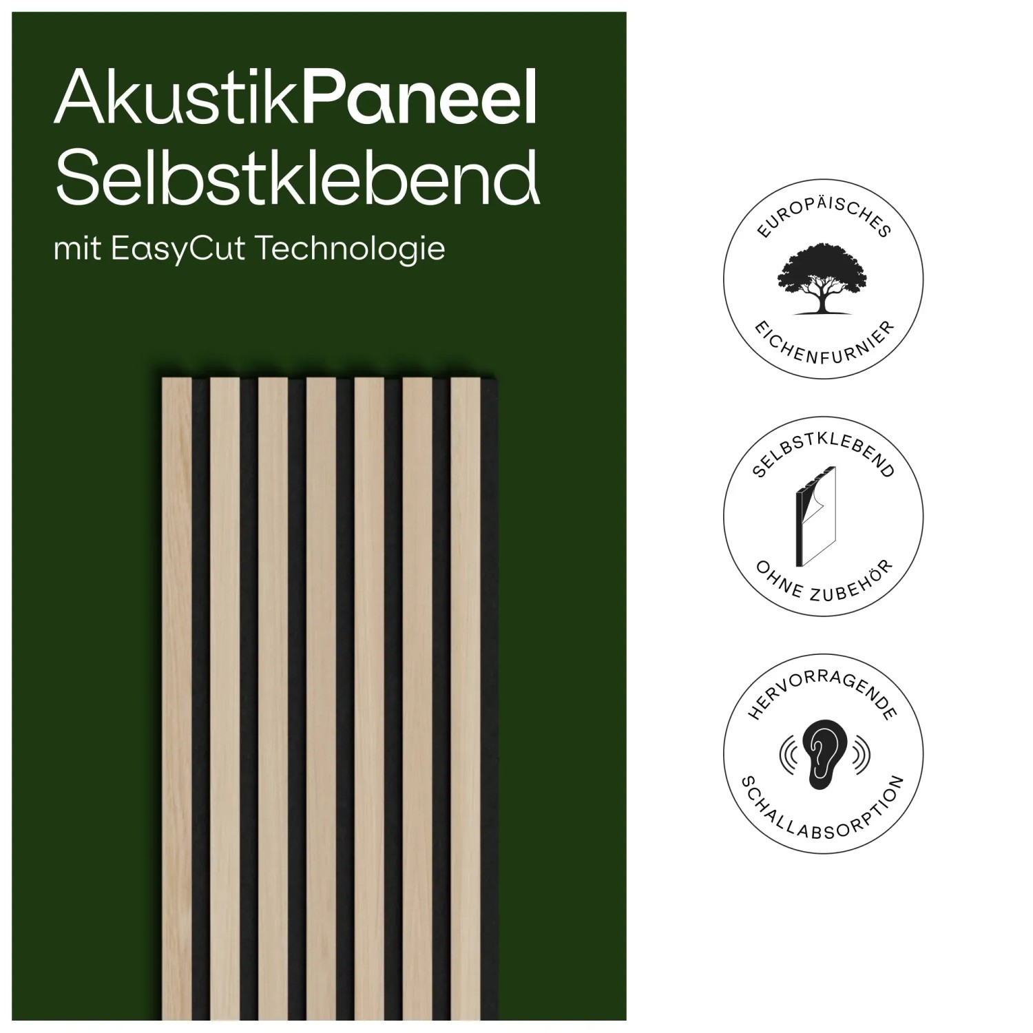 Amadeo Akustikpaneel Eiche Natur, selbstklebend, 240x30,5 cm, zur Schallabsorption und Wandgestaltung.