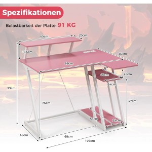 Costway Schreibtisch mit Steckdosen & USB-Anschlüssen Rosa