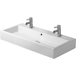 Weißes Duravit Einbauwaschbecken Vero, 100 cm breit, mit zwei Hahnlöchern und Überlauf.