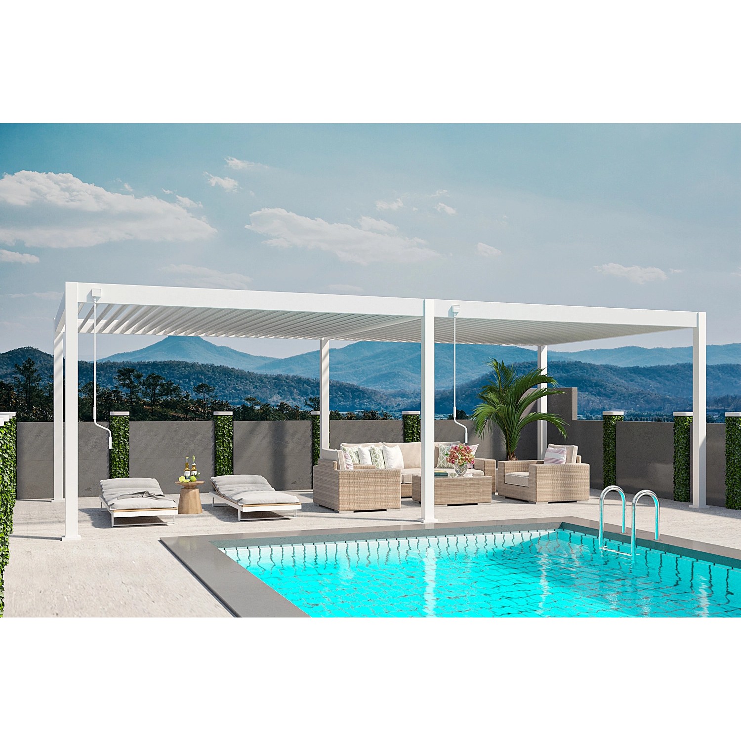 Weißer Weide Deluxe Plus Aluminium Pavillon 4x8m mit Lamellendach am Pool.