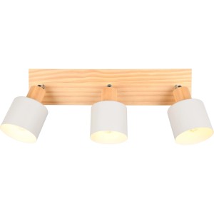 Trio Strahler Shanti: Deckenleuchte mit drei weißen Spots und Holzdetails.