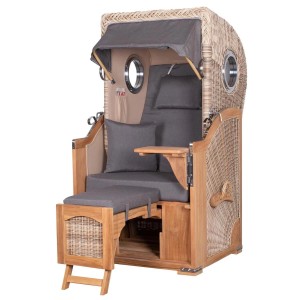 Strandkorb Ammersee Single Teak mit Bullauge, Schutzhülle, Doppelrollen und Becherhalter.