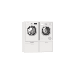 Weißer Waschturm „Twin collection 4.1“ mit Waschmaschine und Trockner, inklusive Schubladen und Ausziehplatte.