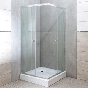 Quadratische Kerra Duschkabine Olga SQ 80x80cm mit transparentem ESG-Glas, verchromten Profilen und weißer Duschwanne.