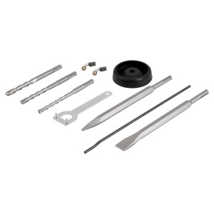 Zubehörset für CMI 850 W Bohrhammer: Bohrer, Meißel, Kohlebürsten und weiteres Zubehör.