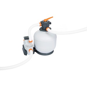 Bestway Flowclear Sandfilteranlage mit Schläuchen und Zeitschaltuhr.