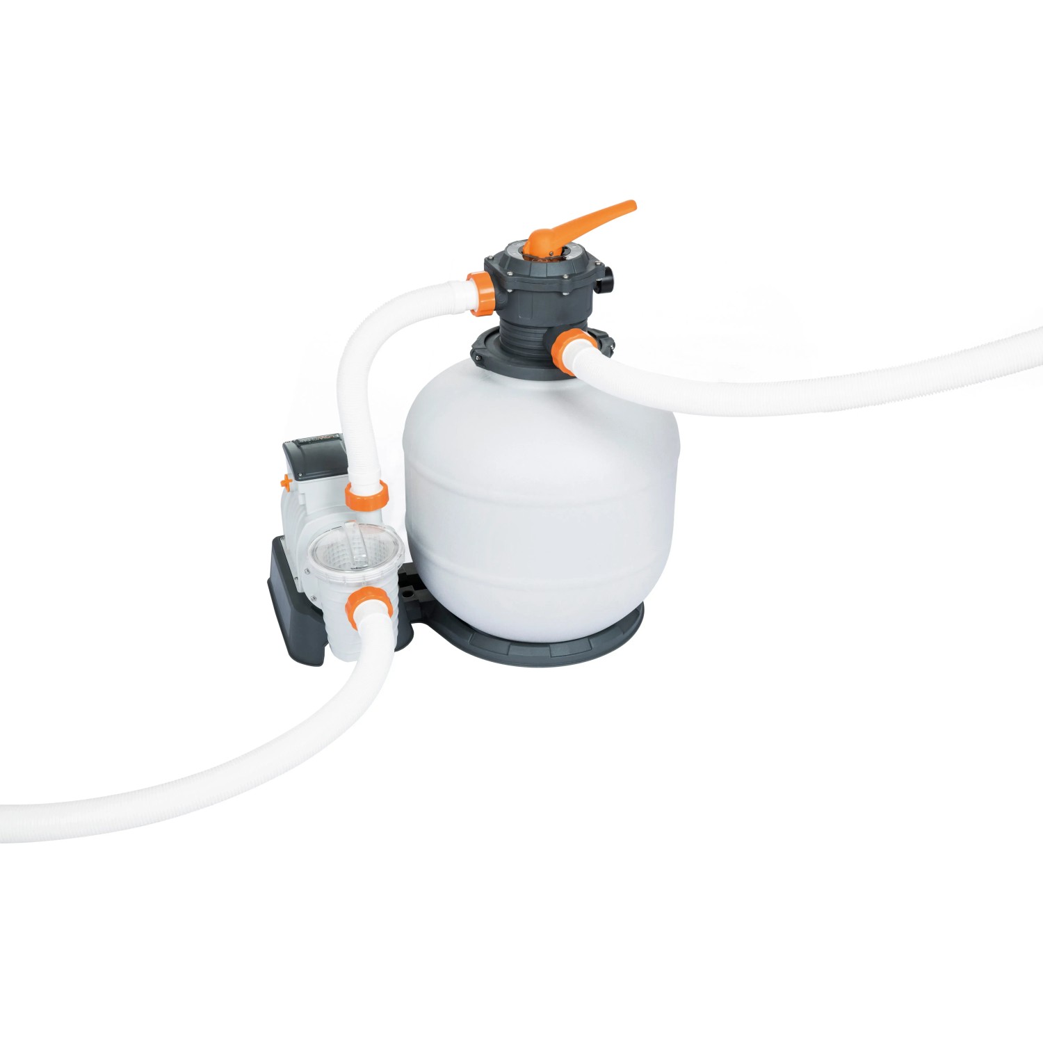 Bestway Flowclear Sandfilteranlage mit Schläuchen und Zeitschaltuhr.