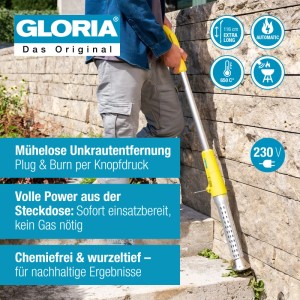Gloria Thermoflamm Bio Electro Unkrautbrenner im Einsatz: Unkrautbeseitigung einfach per Hitzestrahl.