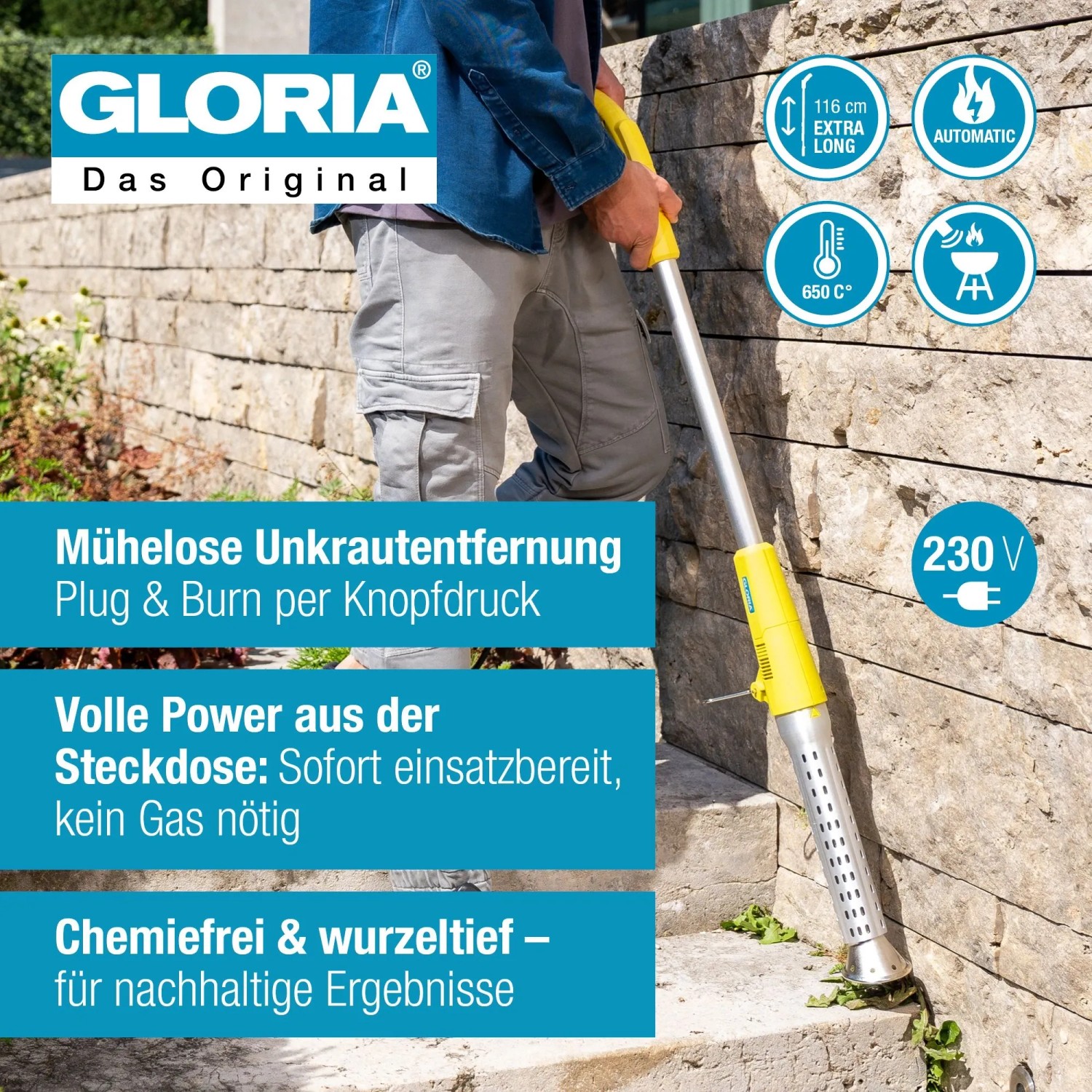 Gloria Thermoflamm Bio Electro Unkrautbrenner im Einsatz: Unkrautbeseitigung einfach per Hitzestrahl.