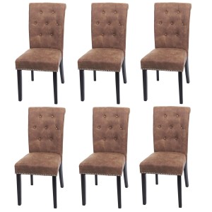 6er Set braune Chesterfield Esszimmerstühle mit dunklen Beinen und Stoffbezug.