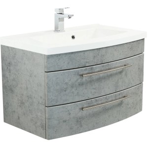 Posseik Waschplatz Luna 82 cm in Betonoptik mit weißem Waschbecken und zwei Schubladen.