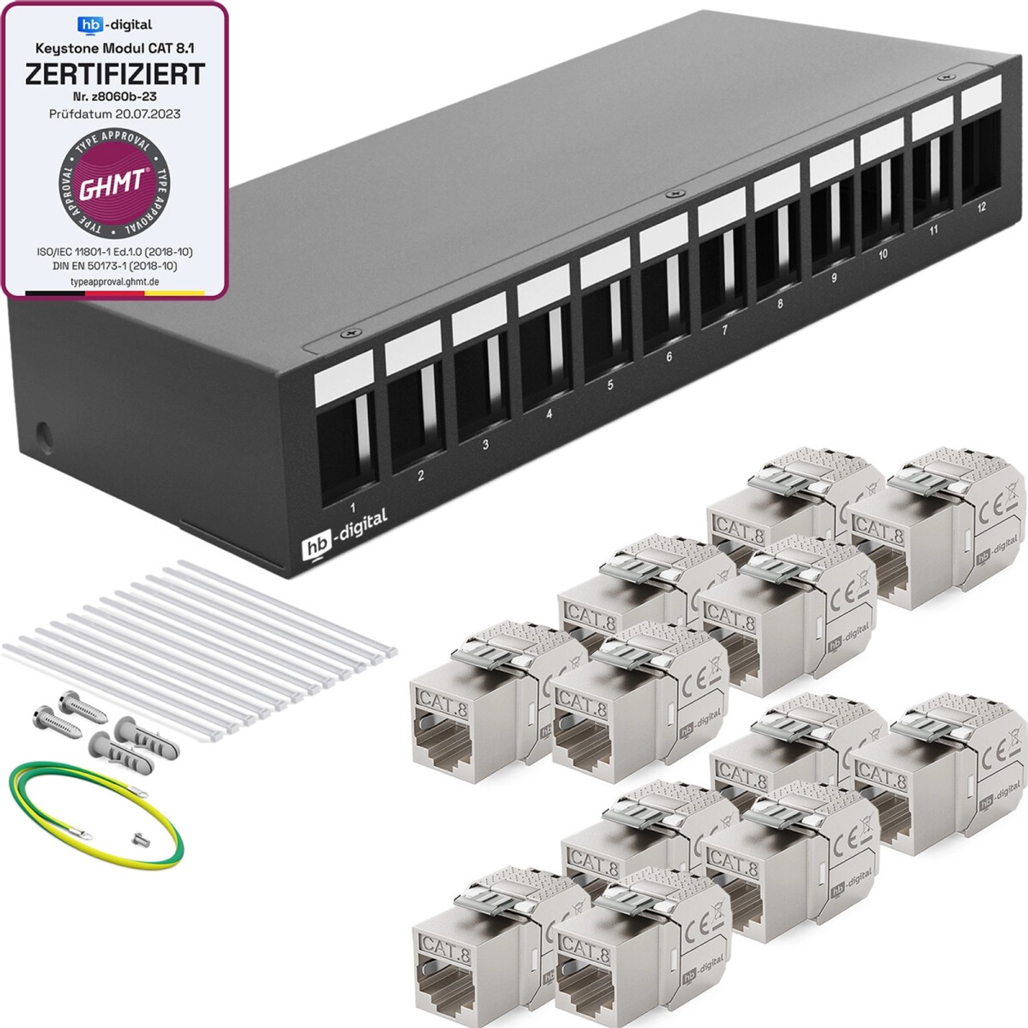 hb-digital Patchpanel 12 Port mit 12x Keystone Module Cat 8 Schwarz