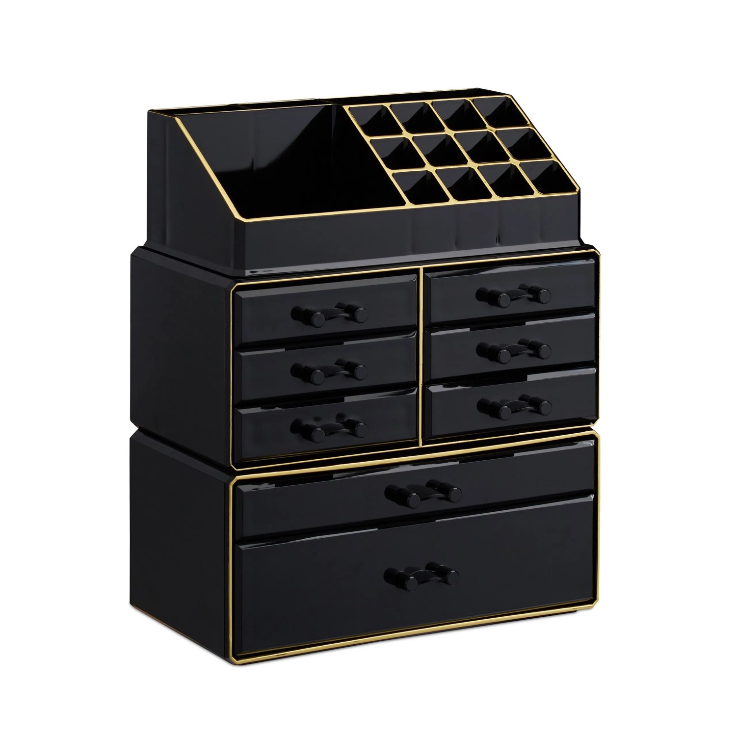 Relaxdays Make Up Organizer mit 8 Schubladen Acryl Schwarz Gold Stapelbar 30 cm x 24 cm x 14 cm 2,2 kg