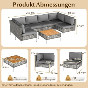 Maße & Gewichtskapazitäten des grauen Rattan Lounge Möbel Sets mit Akazienholz Tisch & Kissen. Gartenmöbel für Outdoor/Balkon.