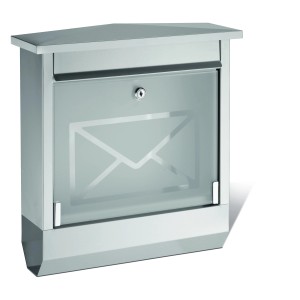 Edelstahl Briefkasten mit Zeitungsbox und Glasfront mit Brief-Symbol.