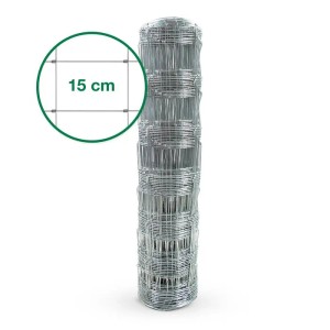 Aufgerollter, verzinkter Karat Wildzaun 1,2x50m mit 15cm Maschenweite.