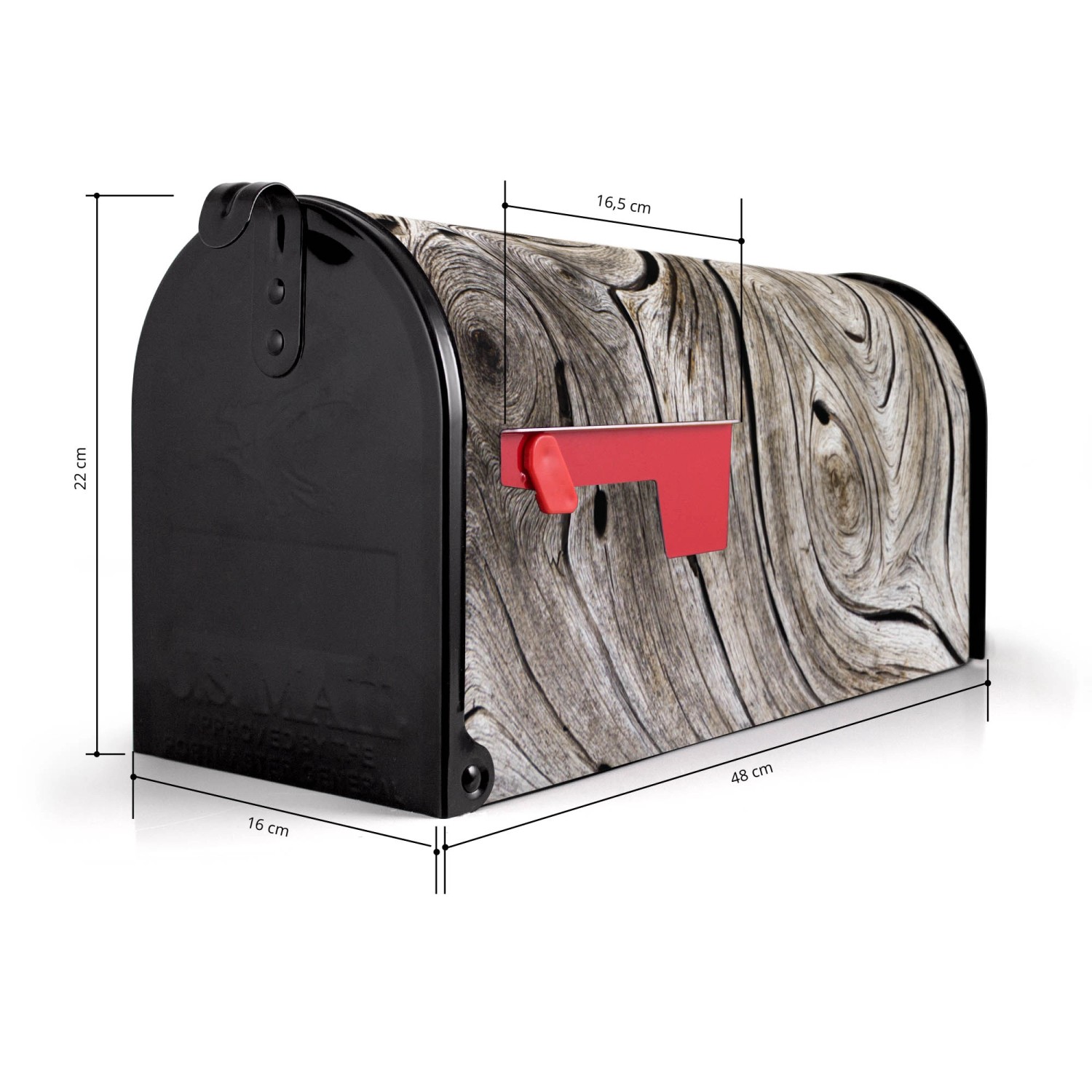 Banjado US Briefkasten in Schwarz mit Holzwirbel-Motiv, Stahl pulverbeschichtet.