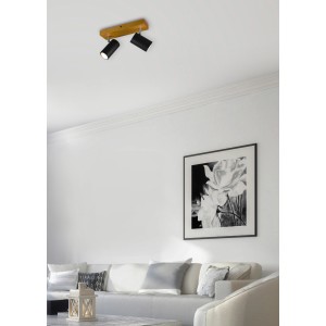 Trio Strahler Marley, 2-flammig, schwarz matt mit Holzsockel. Deckenspot für Wohn- und Schlafzimmer.