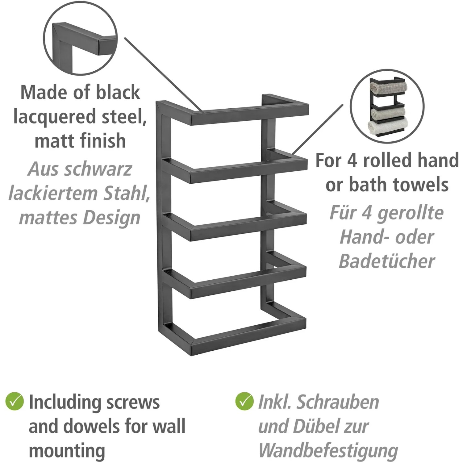 Wenko Handtuchregal Fondiro, schwarz matt, aus lackiertem Stahl für 4 Handtücher zur Wandmontage.