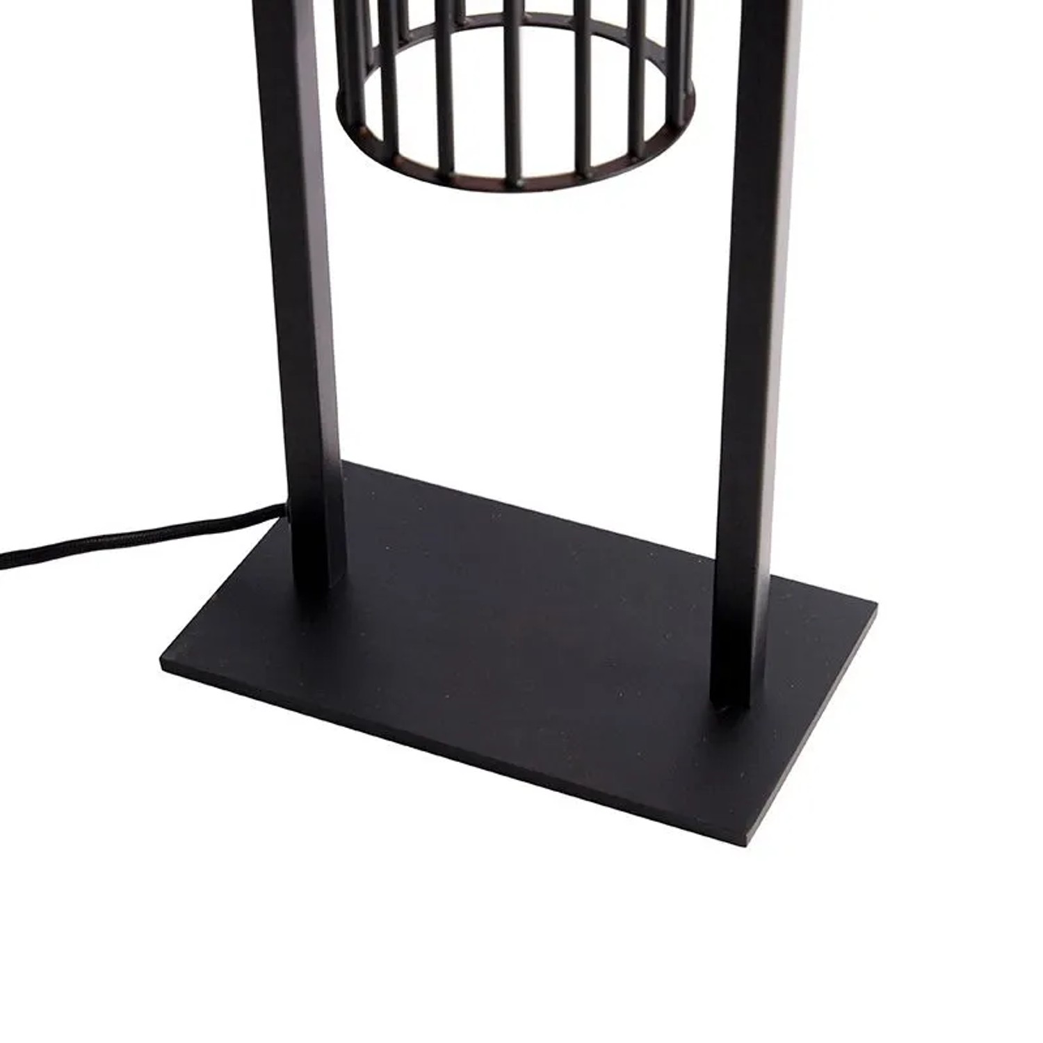 Moderne schwarze QAZQA Balenco Wazo Tischlampe aus Metall. Stabiler Sockel, offenes Design mit zylindrischem Käfig. Innenleuchte.