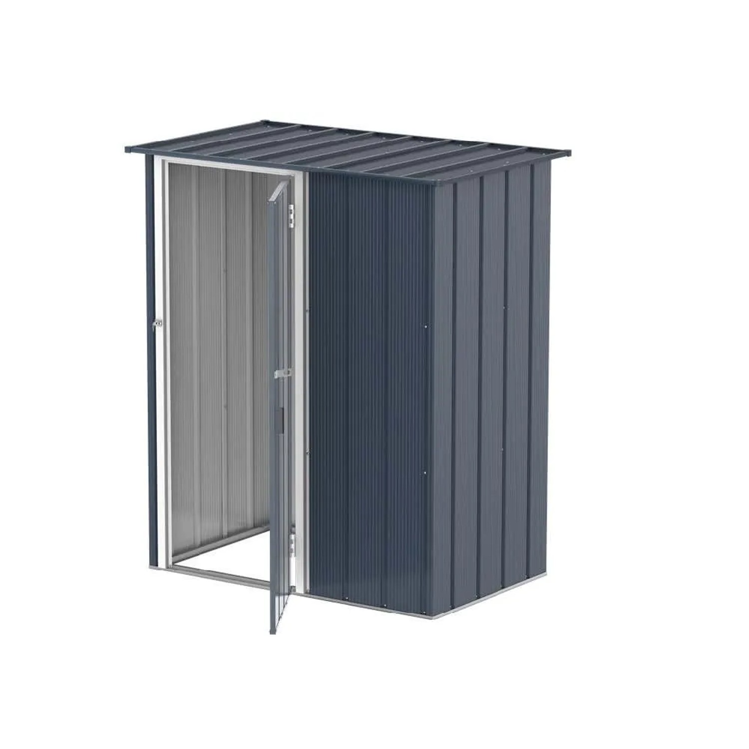 DURAMAX Metall-Gerätehaus Easy 1,5x0,9m in Anthrazit mit geöffneter Tür.
