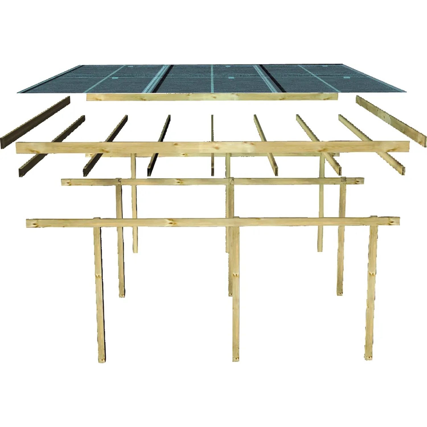 Karibu Doppelcarport Eco 2: Explosionszeichnung der Holzkonstruktion mit PVC-Dachplatten.