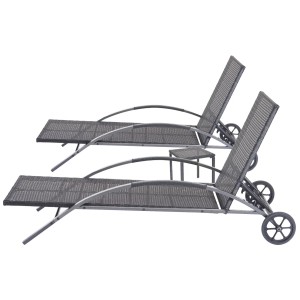 2er-Set schwarze MCW Sonnenliegen E27 mit dunkelgrauen Kissen und kleinem Tisch.