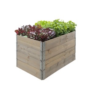 Graues TRUTZHOLM Hochbeet aus Holz, 120x80x80 cm, mit Salat bepflanzt.