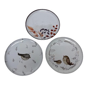 Boltze Deko-Teller Wrennie, 3-fach sortiert, Ø 20cm, mit Vogel- und Pflanzenmotiven.