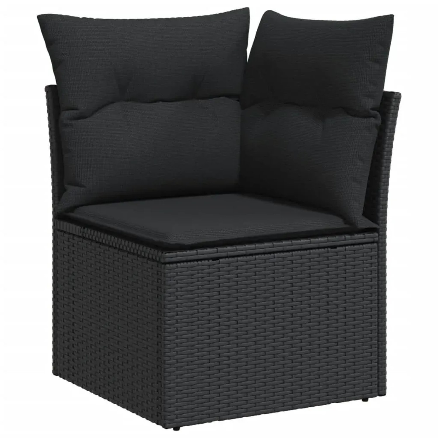 Schwarzes vidaXL Garten-Ecksofa aus Polyrattan mit Kissen, Teil einer Sofagarnitur.