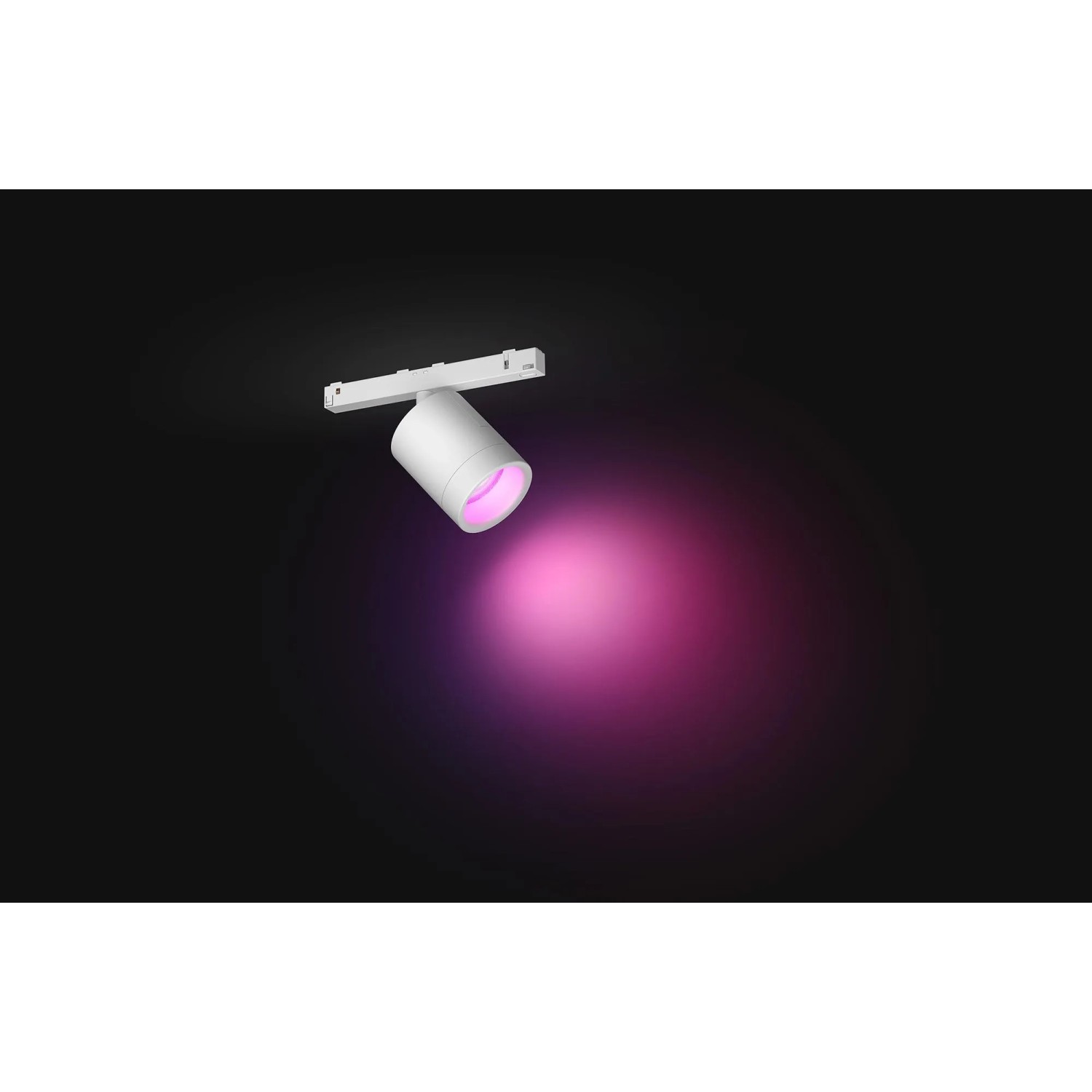 Weißer Philips Hue Perifo LED-Spot zur Schienensystem-Erweiterung mit farbigem Lichtschein.